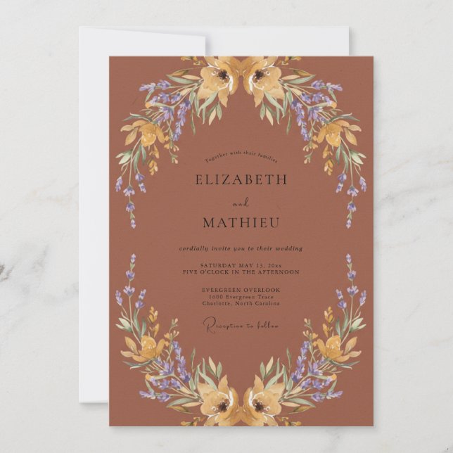 Invitation Mariage Fleur Sauvage Dorée Chaude Rouille (Devant)