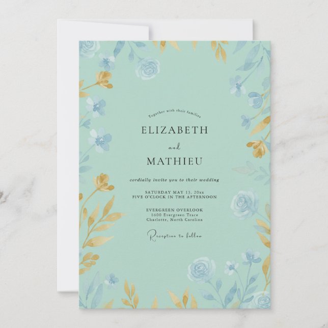 Invitation Mariage Fleur Sauvage Dorée Menthe (Devant)