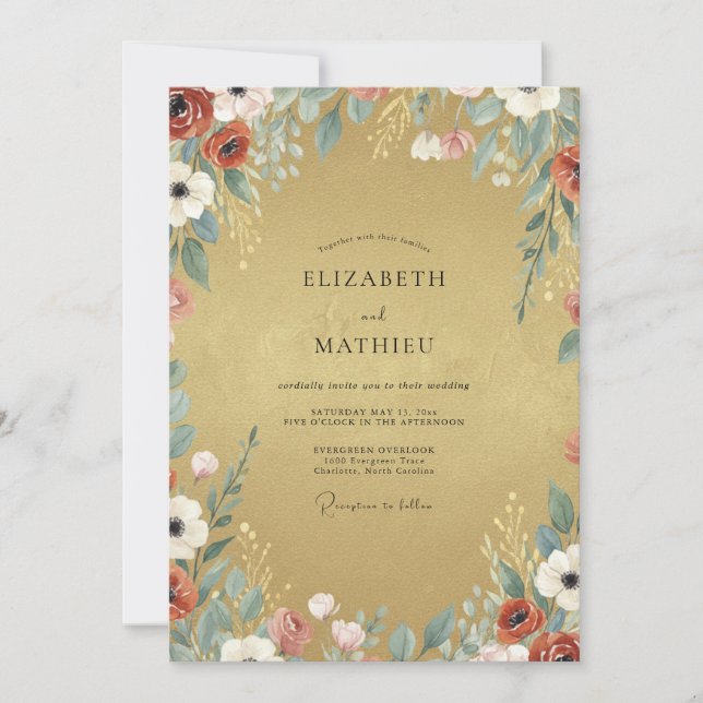 Invitation Mariage Fleur Sauvage Dorée Rouille (Devant)