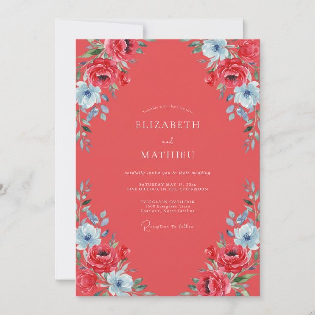 Invitation Mariage Fleur Sauvage Écarlate Aqua (Devant)