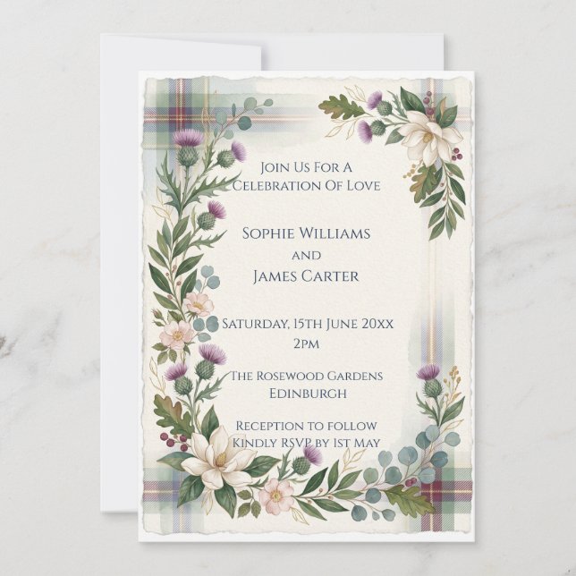 Invitation Mariage Fleur Sauvage Écosse Rose Chardon (Devant)