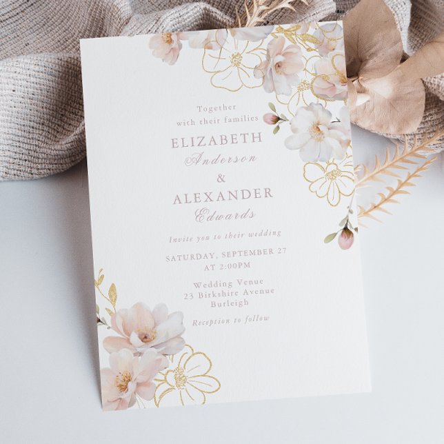 Invitation Mariage Fleur sauvage Elegance Blush & Gold enchan (Créateur téléchargé)