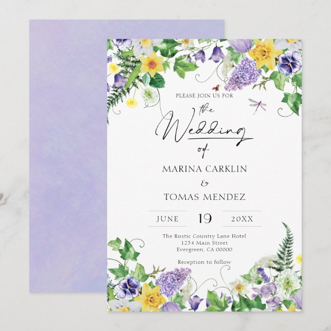 Invitation Mariage Fleur sauvage Elegant Boho (Devant / Derrière)