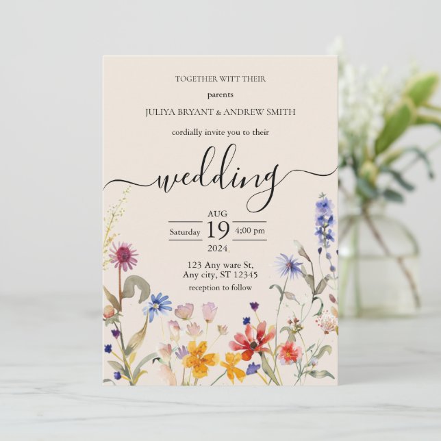 Invitation Mariage fleur sauvage Elegant Boho (Debout devant)