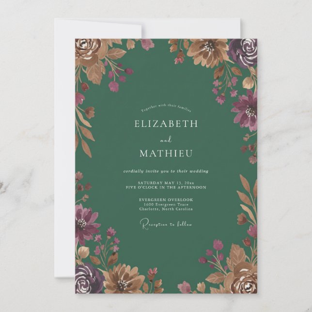 Invitation Mariage Fleur Sauvage Émeraude et Prune (Devant)