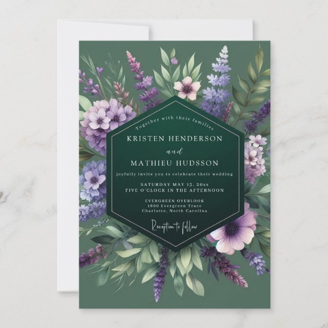 Invitation Mariage Fleur Sauvage Émeraude Violet (Devant)