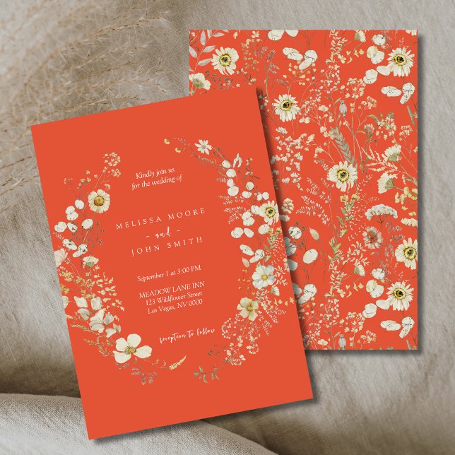 Invitation Mariage Fleur sauvage en terre cuite blanc Flora B (Créateur téléchargé)