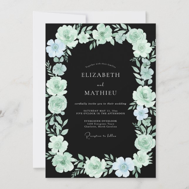 Invitation Mariage Fleur Sauvage Feuillage Peint Aqua (Devant)