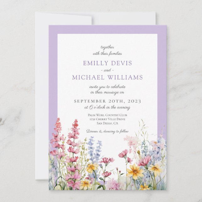 Invitation Mariage Fleur sauvage français Lilac (Devant)