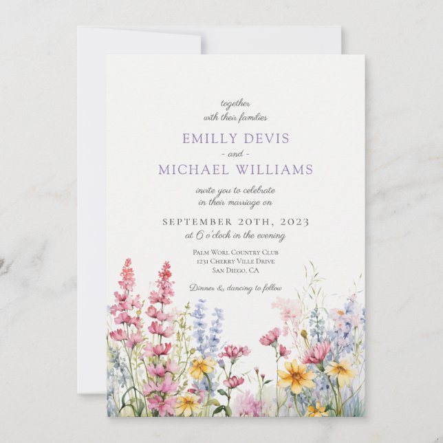 Invitation Mariage Fleur sauvage français Lilac (Devant)