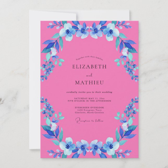 Invitation Mariage Fleur Sauvage Fuchsia Azur (Devant)