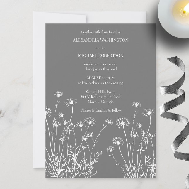 Invitation Mariage Fleur sauvage gris et blanc moderne (Créateur téléchargé)