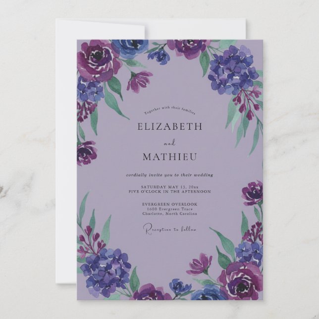 Invitation Mariage Fleur Sauvage Indigo Lavande (Devant)