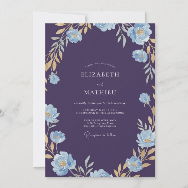 Invitation Mariage Fleur Sauvage Indigo Or (Devant)