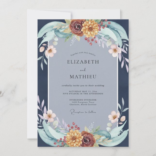 Invitation Mariage Fleur Sauvage Indigo Rouille (Devant)