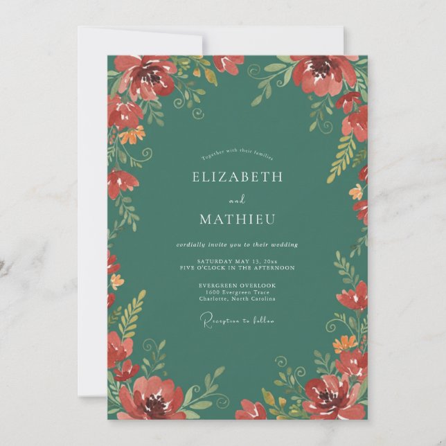 Invitation Mariage Fleur Sauvage Jade Rubis (Devant)