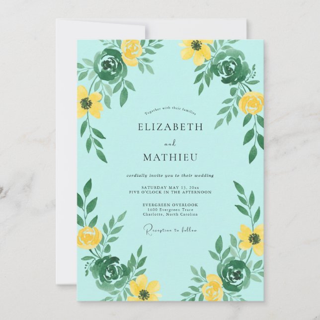 Invitation Mariage Fleur Sauvage Jaune Aqua (Devant)