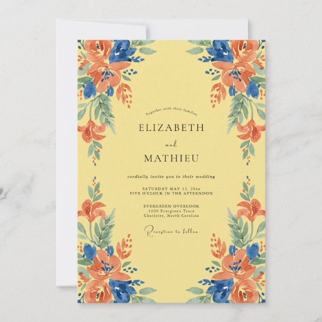 Invitation Mariage Fleur Sauvage Jaune Azur (Devant)