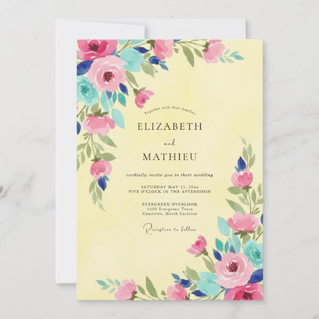 Invitation Mariage Fleur Sauvage Jaune Beurre Rose (Devant)