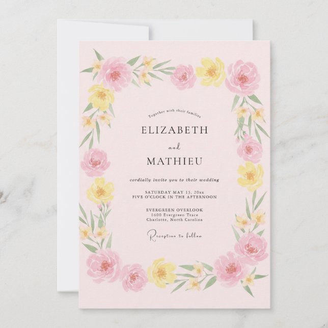 Invitation Mariage Fleur Sauvage Jaune Blush Doux (Devant)