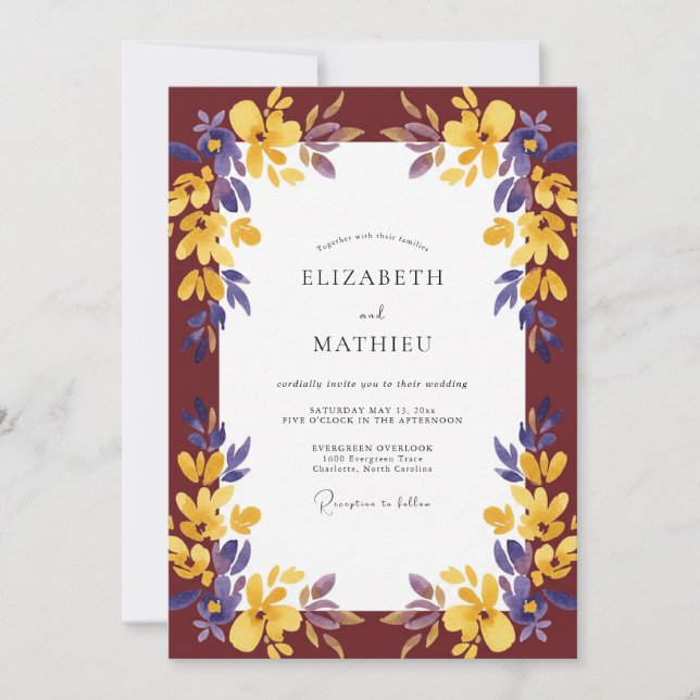 Invitation Mariage Fleur Sauvage Jaune Bordeaux (Devant)