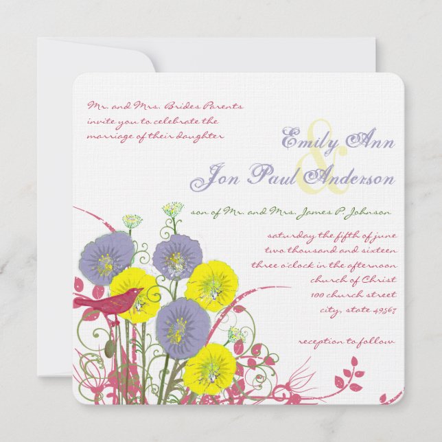 Invitation Mariage Fleur Sauvage Jaune Citron Violet Rose Fon (Devant)