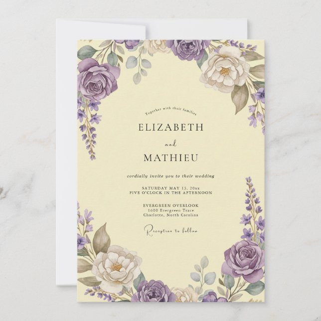 Invitation Mariage Fleur Sauvage Jaune Lilas (Devant)