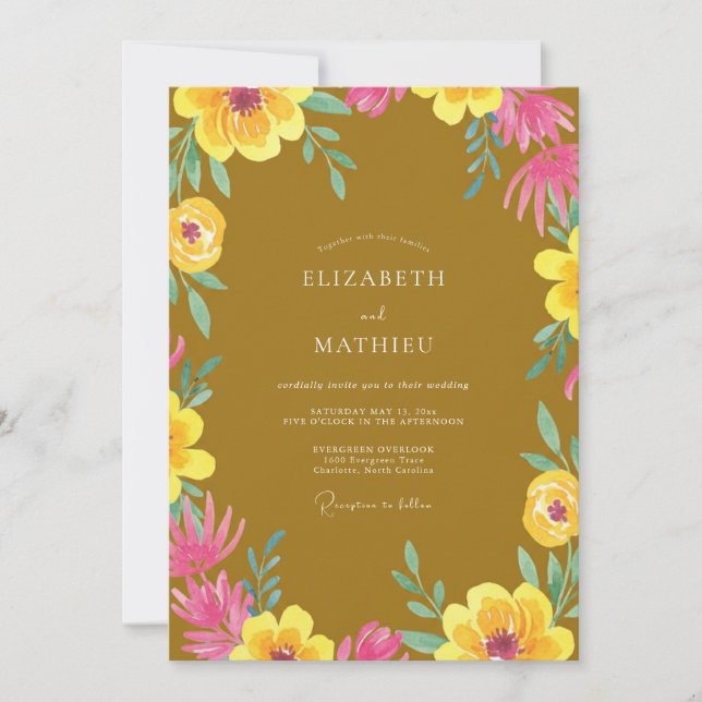 Invitation Mariage Fleur Sauvage Jaune Moutarde (Devant)