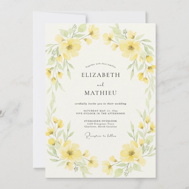 Invitation Mariage Fleur Sauvage Jaune Pâle (Devant)
