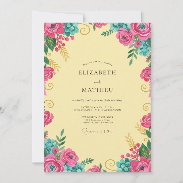 Invitation Mariage Fleur Sauvage Jaune Rose (Devant)