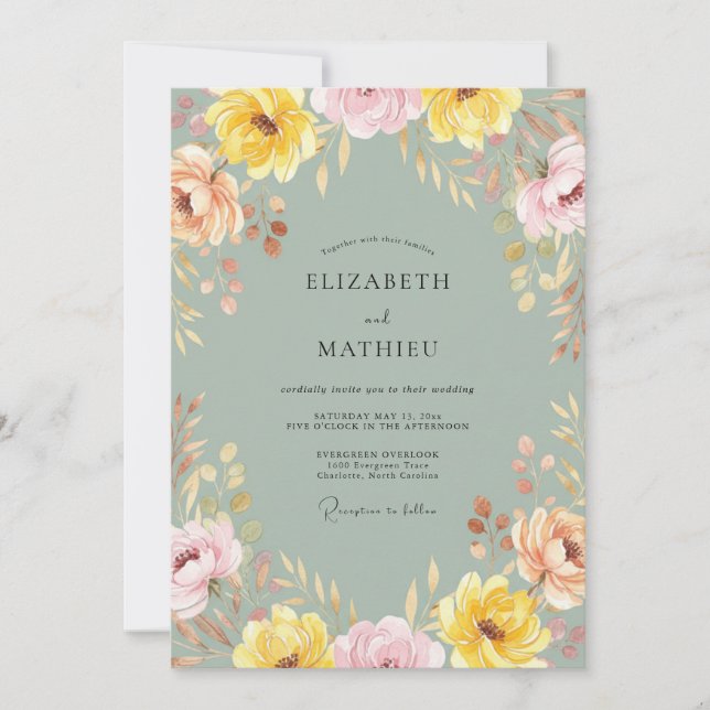 Invitation Mariage Fleur Sauvage Jaune Sauge Gris (Devant)