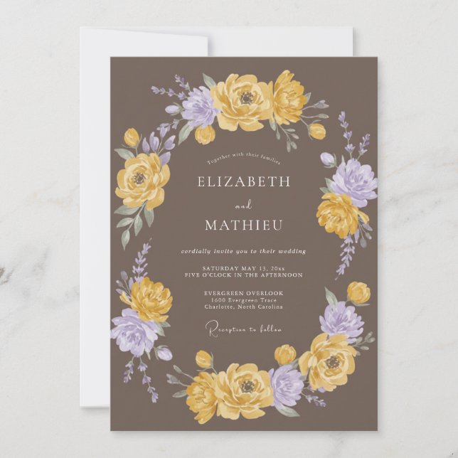 Invitation Mariage Fleur Sauvage Jaune Taupe (Devant)