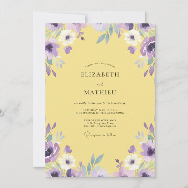 Invitation Mariage Fleur Sauvage Jaune Violet (Devant)