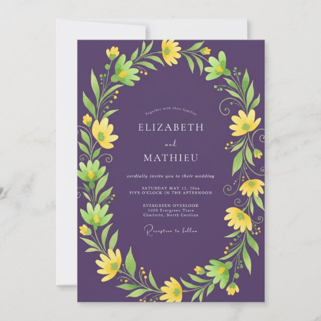 Invitation Mariage Fleur Sauvage Jaune Violet Côté Mer (Devant)