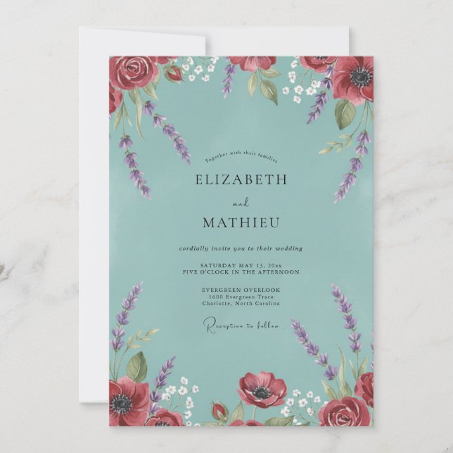 Invitation Mariage Fleur Sauvage Lavande Aqua (Devant)