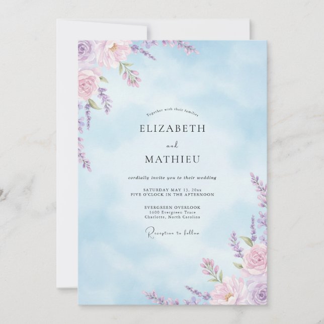 Invitation Mariage Fleur Sauvage Lavande Ciel (Devant)