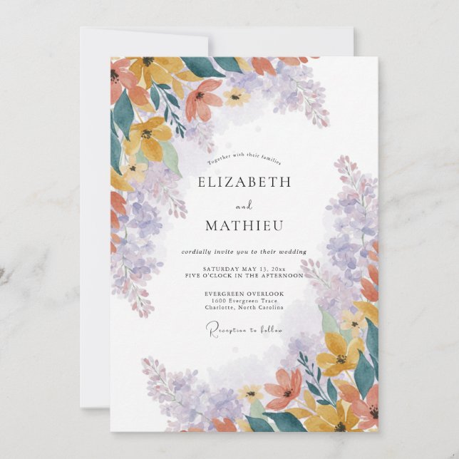 Invitation Mariage Fleur Sauvage Lavande Jaune (Devant)