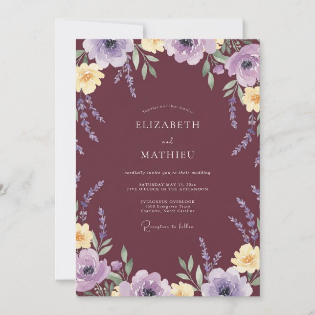 Invitation Mariage Fleur Sauvage Lavande Vin (Devant)