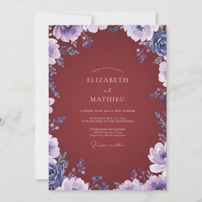 Invitation Mariage Fleur Sauvage Lilas Bordeaux (Devant)