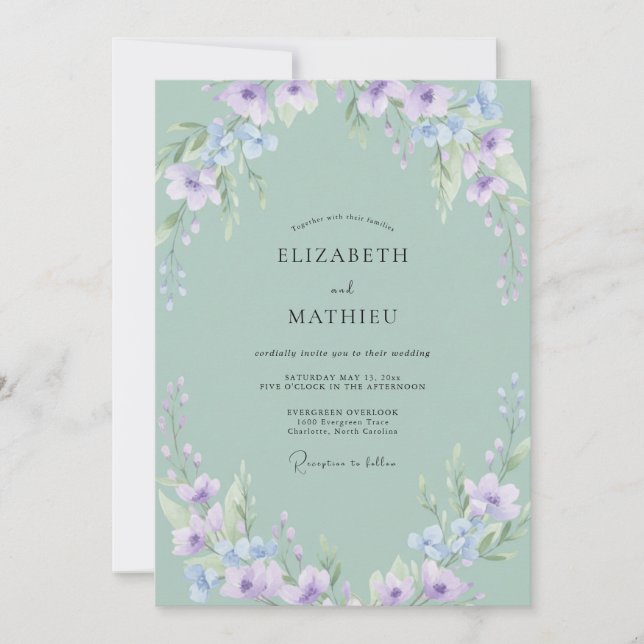 Invitation Mariage Fleur Sauvage Lilas Céladon (Devant)