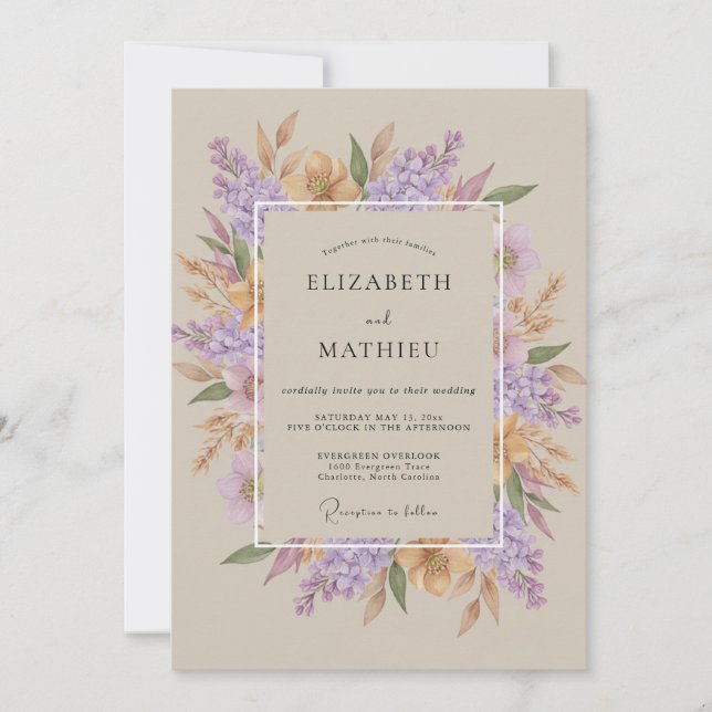 Invitation Mariage Fleur Sauvage Lilas Champagne Douce (Devant)