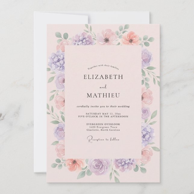 Invitation Mariage Fleur Sauvage Lilas Corail (Devant)