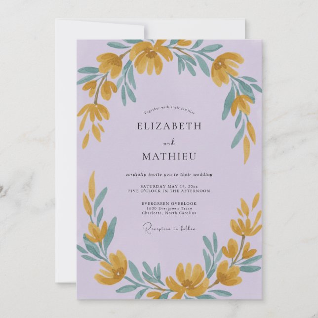 Invitation Mariage Fleur Sauvage Lilas Doré (Devant)