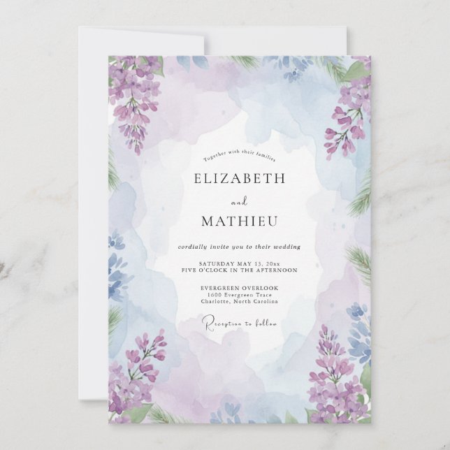 Invitation Mariage Fleur Sauvage Lilas et Pervenche (Devant)