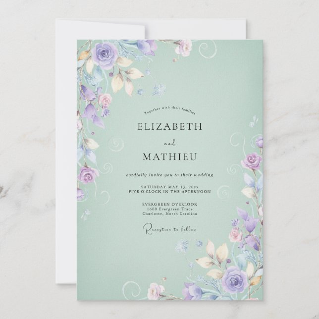 Invitation Mariage Fleur Sauvage Lilas Menthe (Devant)