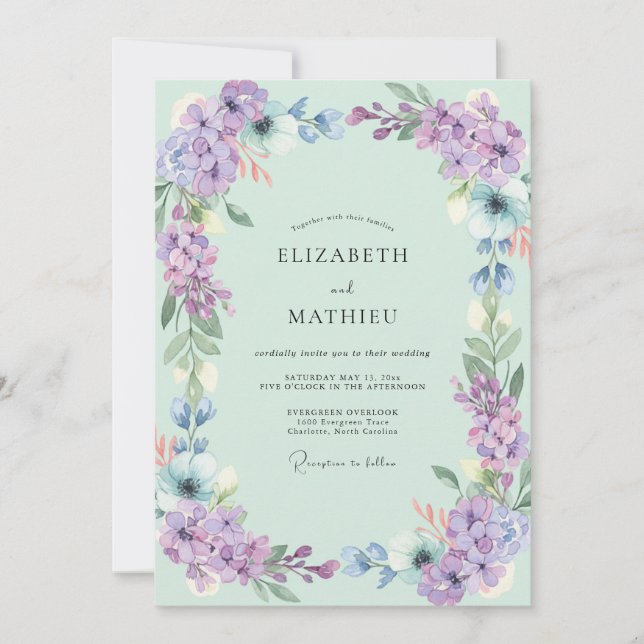 Invitation Mariage Fleur Sauvage Lilas Mousse de Mer (Devant)