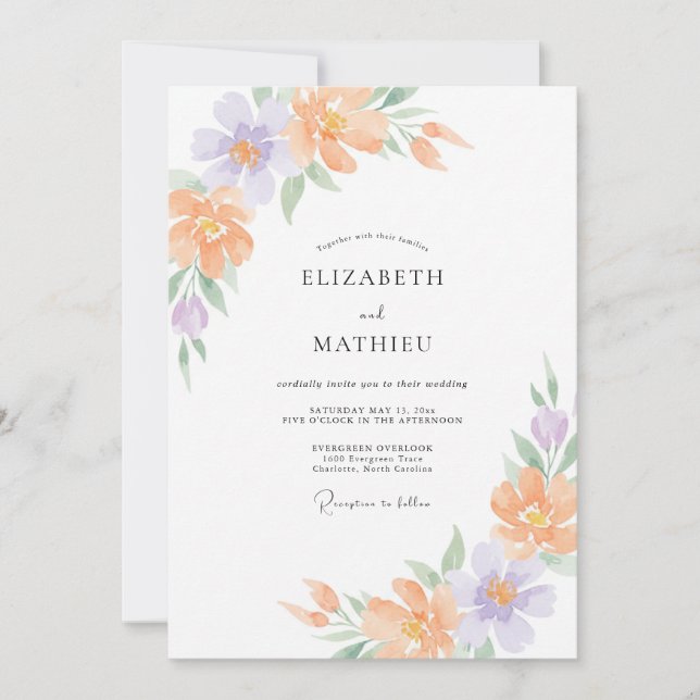 Invitation Mariage Fleur Sauvage Lilas Pâle Pêche (Devant)