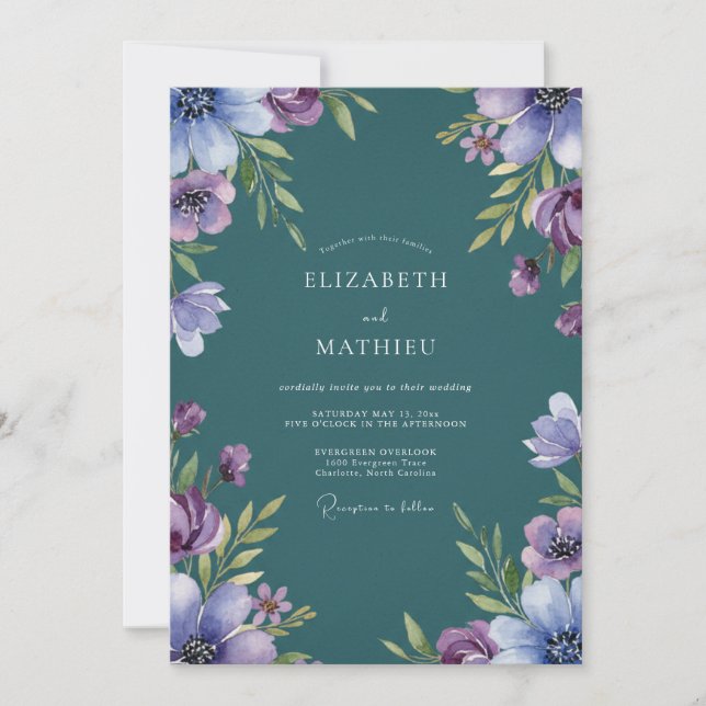 Invitation Mariage Fleur Sauvage Lilas Sarcelle (Devant)