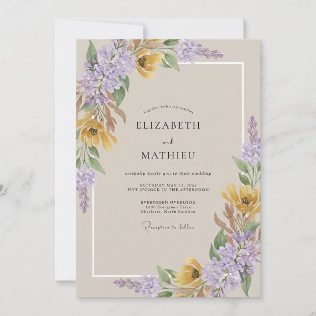 Invitation Mariage Fleur Sauvage Lilas Taupe (Devant)