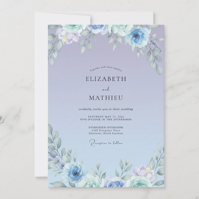 Invitation Mariage Fleur Sauvage Luxe Pervenche (Devant)